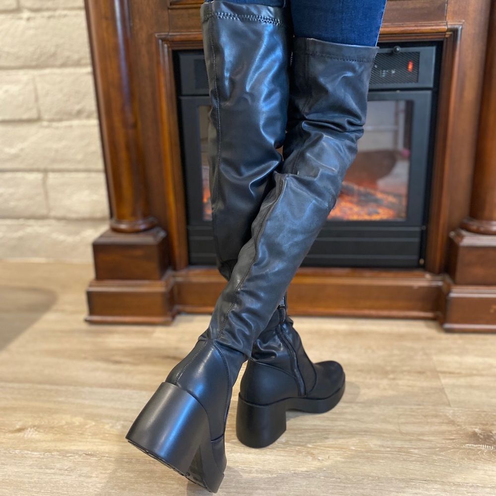 Thigh High Vegan Leather Chunky High Heel Boots OTK - Picture 8 of 13